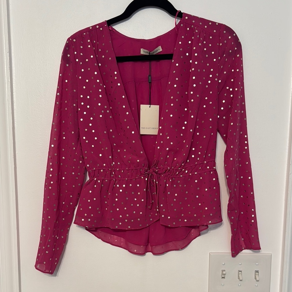 THE EAST ORDER Taylor Long Sleeve Tie Waist Bright Pink Metallic Dot Top - Picture 2 of 12